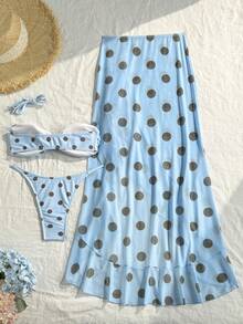 Đầm maxi lưới in chấm bi thời trang mới, gợi cảm, thanh lịch, thích hợp cho tiệc bãi biển, thiết kế nhiều lớp dây mảnh, dây đeo có thể tháo rời, bộ đồ bơi 3 mảnh riêng biệt dành cho nữ. - Màu xanh nhạt - Xem 3