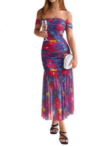 Women's Summer Floral Off Shoulder Sleeveless Ruched Fitted Formal Wedding Guest Maxi Dress - Purple Base With Red Flowers - View 1