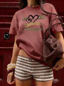 Summer TopsWomen's Summer New Simple Slogan Print Casual Vacation Style Loose Fit Round Neck Short Sleeve T-Shirt, Fashionable Everyday Top, Suitable - 中紫紅色 - 查看 12