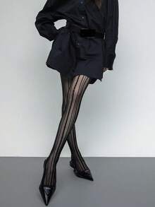 1 Pair Y2K Lace Hollow Out Pantyhose/Women's Ins Fashionable, Grunge Striped Fishnet Tights, Brown Transparent Grid Vertical Striped Thigh High Socks, Punk Rock Stockings Suitable For Party, Music Festival, Street Wear - Multicolor - View 5