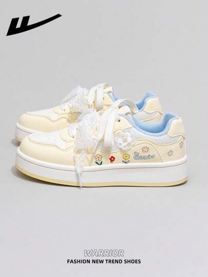  1 Pair WARRIOR Women's Thick Sole Lace-Up Soft Bottom Casual Shoes, Low-Top Outdoor Flat Shoes, Round Toe Elegant Soft Bottom Hiking Shoes Suitable For Students, Graduation Photos, Flat Leather Casual Sneakers