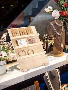 木质立式耳环首饰展示架 - 配饰收纳架及整理板 - 房间装饰、首饰收纳及零售展示道具。高容量桌面安装，适用于展位和店铺；采用天然木材和纸板制成，可展示耳环和假指甲。[产品标签]：首饰架、耳环收纳架、储物架。 - 米色 - 查看 6