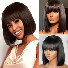 2*4 Lace Brazilian Human Hair Wig With Bangs Remy Straight Bob Wigs Lace Closure Full Machine Made Wig For Women 8-14 Inches Non Lace Bob Wigs 200% Density Glueless Wigs - 2*4 lace - 查看 5