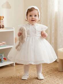女婴高档蕾丝刺绣白色洗礼服,适合婚礼、生日派对等场合,附赠帽子,0-2岁 - 白色 - 查看 6