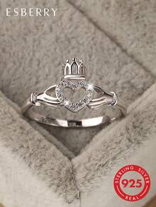 ESBERRY 1pc Minimalist Elegant Heart Crown Zirconia Ring, 925 Sterling Silver, Exquisite Jewelry Gift For Women - Ring - View 2