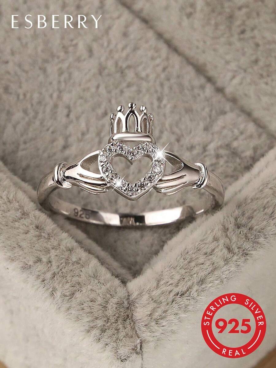 ESBERRY 1pc Minimalist Elegant Heart Crown Zirconia Ring, 925 Sterling Silver, Exquisite Jewelry Gift For Women
