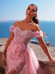 Faeriesty 华丽露肩串珠仿珍珠晚礼服，侧边垂褶设计，高开衩，优雅精致，女士礼服 | 适合晚宴、婚礼宾客、红毯、正式派对、春假晚会等场合 - 藕粉色 - 查看 1