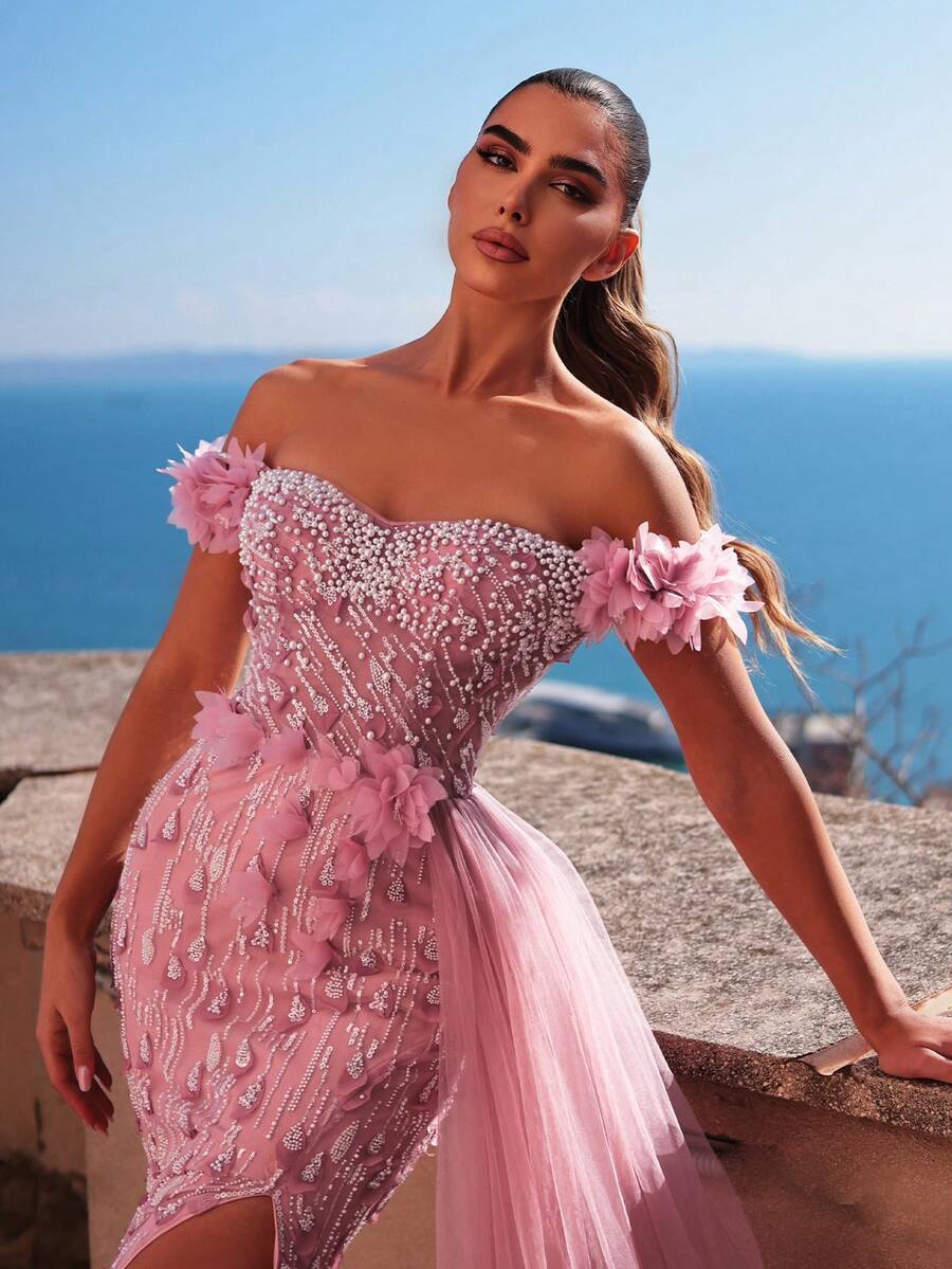 Faeriesty 华丽露肩串珠仿珍珠晚礼服，侧边垂褶设计，高开衩，优雅精致，女士礼服 | 适合晚宴、婚礼宾客、红毯、正式派对、春假晚会等场合 - 藕粉色 - 查看 1