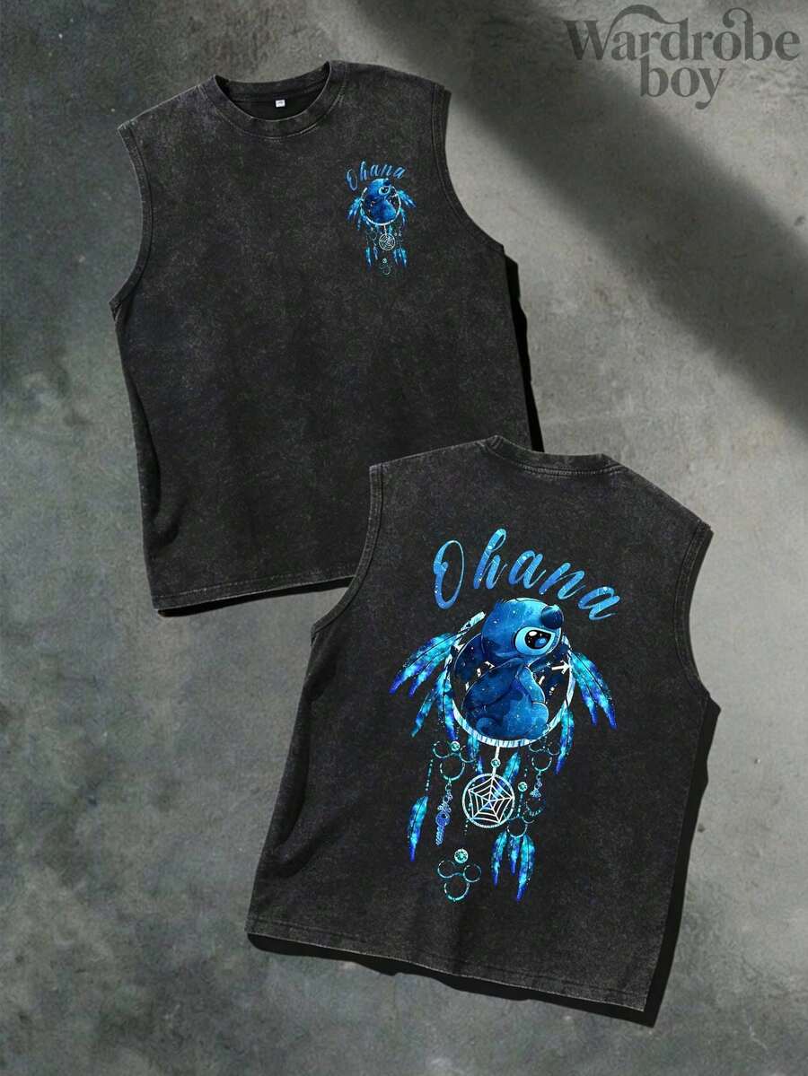 Disney Men's Washed Cotton Sleeveless Printed Vest, Cartoon Stitch Pattern Printed Vest, Suitable For Both Men And Women, High-Quality Pure Cotton Vest, Suitable For All Seasons, Comfortable And Breathable | Exquisite Design | The Best Choice For Gift Giving - màu đen - Xem 1