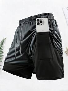 1 chiếc quần short thể thao nam 2 trong 1 mùa hè, chất liệu vải lưới, quần short chạy bộ, thích hợp cho tập luyện tại phòng gym và chạy bộ ngoài trời. - Màu xám đen - Xem 8