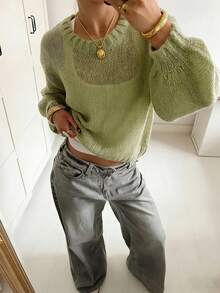 Women's Green Wool-Feel Pullover Sweater, Long Sleeve Semi-Sheer Knit Top, Slightly Stretchy, Regular Length, Essential For Spring/Summer, Casual Wear, Vacation Outfit - Pistachio Green - View 2