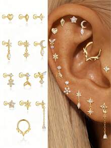 SereneSpark 1 đôi bông tai bạc 925 hình ngôi sao và mặt trăng lãng mạn đính đá Cubic Zirconia, kiểu dáng thả buông, dạng phẳng, thích hợp làm quà tặng Ngày của Mẹ cho phái nữ. Trang sức cao cấp. - Vàng - Xem 2