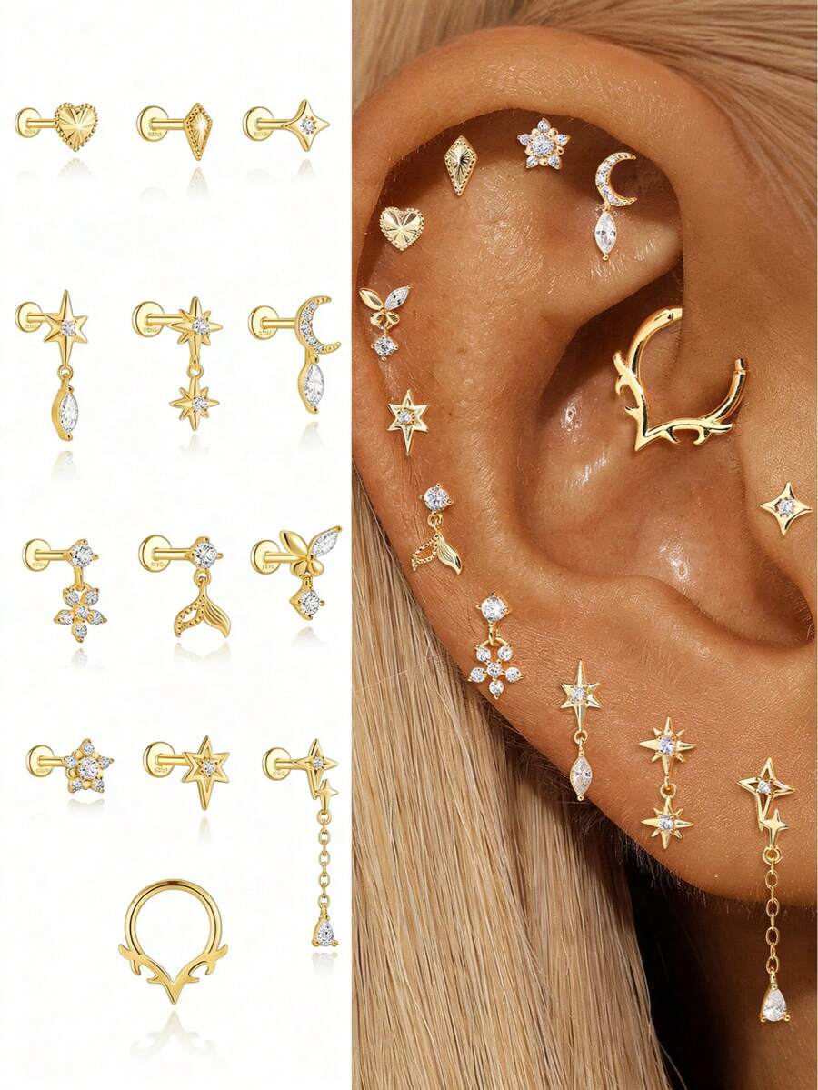 SereneSpark 1 đôi bông tai bạc 925 hình ngôi sao và mặt trăng lãng mạn đính đá Cubic Zirconia, kiểu dáng thả buông, dạng phẳng, thích hợp làm quà tặng Ngày của Mẹ cho phái nữ. Trang sức cao cấp.