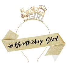 2pcs/Set European And American Bridal Crown Headpiece, Wedding Crown Headband, Birthday Girl Letter Headband - Gold - View 1