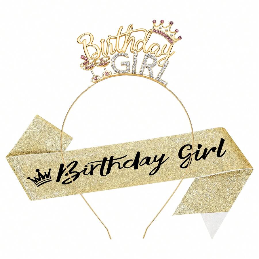 2pcs/Set European And American Bridal Crown Headpiece, Wedding Crown Headband, Birthday Girl Letter Headband - Gold - View 1