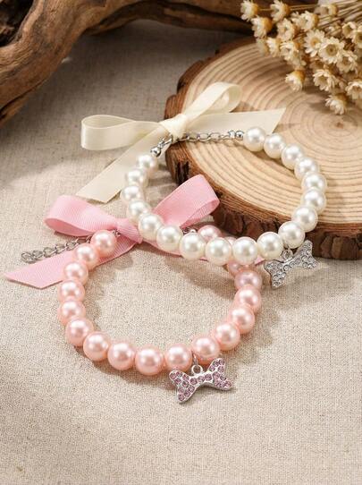 PETSIN Pearl Necklace With Rhinestone Bone Decor For Dogs & Cats, Fashionable Cat Wedding Collar Jewelry Suitable For Girls, Cats, Small Dogs