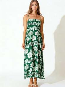 Stylish, sophisticated bohemian dress for women with floral print and color-blocking-perfect for vacations and everyday wear. Summer clothing. - Turquesa - Ver 3