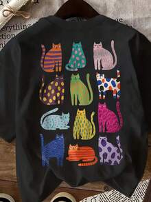 Casual Plus Size Regular Sleeve Tee Featuring Fun Multi-Colored Cat Pattern, Comfortable High Stretch Fabric Black Summer - Black - View 4
