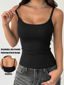 1pc Women's Basic Minimalist U-Neck Fitted Sleeveless Solid Color Camisole Tank Top - Black - View 4