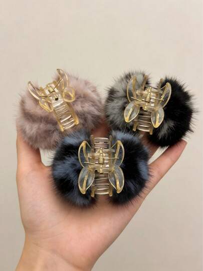 Bộ 3 kẹp tóc nhung hình quả anh đào cho nữ | Kẹp tóc acrylic kẻ sọc và trơn dễ thương | Kẹp tóc giả lông chồn mềm mại | Phụ kiện tóc ngọt ngào thường ngày | Phong cách Y2K