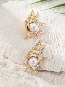 一对贝壳耳环，沙滩风海螺耳环，假日波西米亚风仿珍珠首饰，适合女性佩戴 - 彩色 - 查看 2