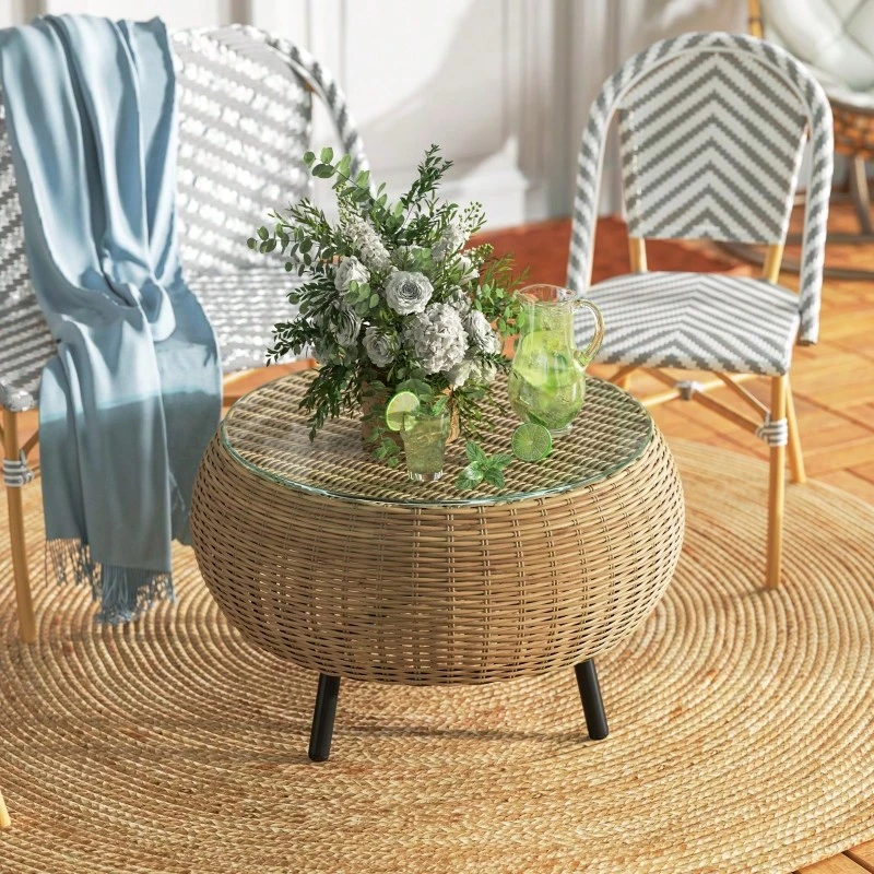 Round Polyrattan Side/Coffee Table With Glass Top, Ø75 X 42 Cm, Brown. - Brown - View 1