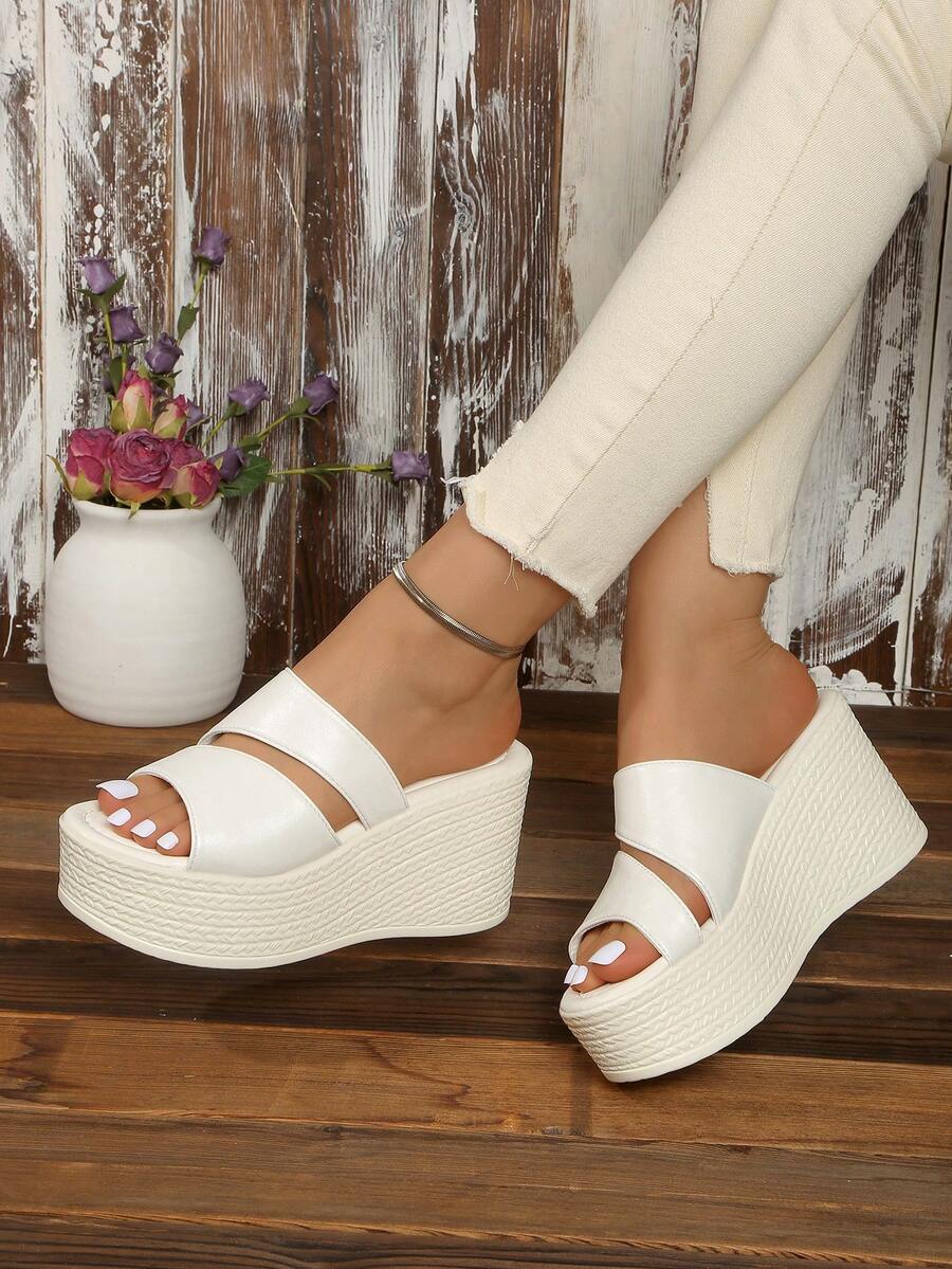Women's Thick Sole Wedge Slippers, Fashion Outdoor Versatile Comfortable Lightweight High Heel Sandals For Summer - White - View 1
