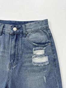 Bohemian Style Women's Denim Shorts With Pattern, Featuring Distressed Details, Raw Edges, Pockets And Straight Leg, Non-Stretch Casual Fit - Light Wash - View 7