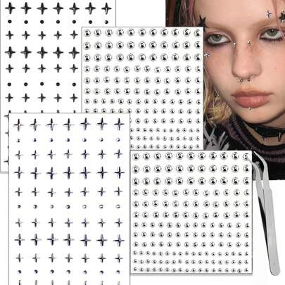 面部宝石装饰，假穿孔，假鼻环，星星宝石贴纸，假眉钉，假唇钉，锐舞配饰，Y2K男女妆容