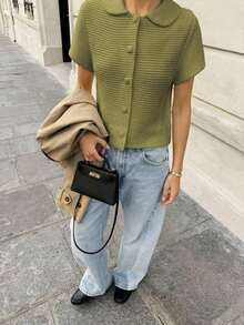 Women's Short Sleeve Button Front Knit Cardigan Sweater With Collar Casual Slim Fit Top Spring - Olive Green - View 3