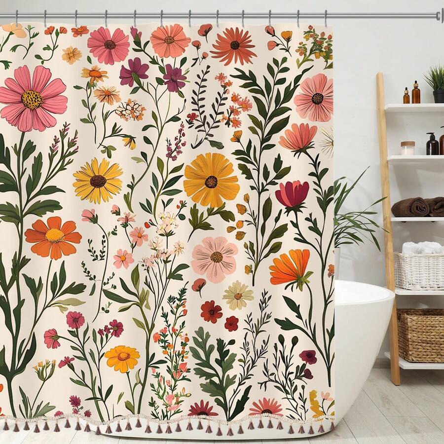 1pc Boho Floral Shower Curtain With Tassels, Wildflower Beige Botanical Flower Tassel Shower Curtain For Bathroom Waterproof Fabric Set With 12 Hooks Bohemian Country Bath Curtain Bathtub Decor, Bathroom Decor, Home Decor, Bathroom Essentials, Farmhouse Home Decor - 白色的 - 查看 1