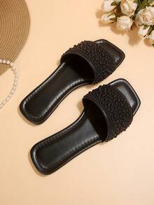 Plus Size Women's Sandals, Backless Summer New Silver Square Toe Flat Sandals, Fashion Non-Slip Soft Bottom Rhinestone Slippers, Suitable For Dresses, Legs Appear Longer, Beach Shoes For Ladies - Black - View 3