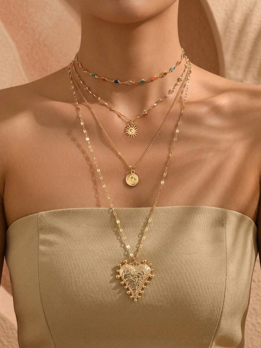 4pcs/Set Fashionable Colorful Crystal Necklace, Elegant Versatile Gold Sun, Moon, Heart Multilayer Necklace, Suitable For Daily Wear And Party Occasions - Multicolor - View 1