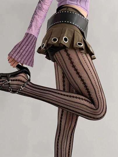 1 Pair Retro Romantic Vertical Striped Hollow Out Women Pantyhose, Sexy Slim Fit Tights