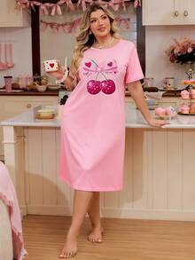 Plus Size Women's Nightgown, Pink Cartoon Cherry Print, Short Sleeve Long Dress Loungewear, Loose & Comfortable, Suitable For Summer - Pink - View 5
