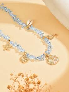 1 chiếc vòng cổ đính đá bất đối xứng với mặt dây chuyền hình sao biển và vỏ sò bằng hợp kim thời trang, đa năng cho đeo hàng ngày, đi biển và dự tiệc. - Nhiều màu - Xem 3