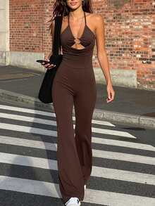 AiTyi 女士无袖连体裤，休闲运动装，露背性感，适合健身瑜伽、夜间外出、毕业季、万圣节、新年、街头时尚，修身时尚，四季皆宜 - 深棕 - 查看 1