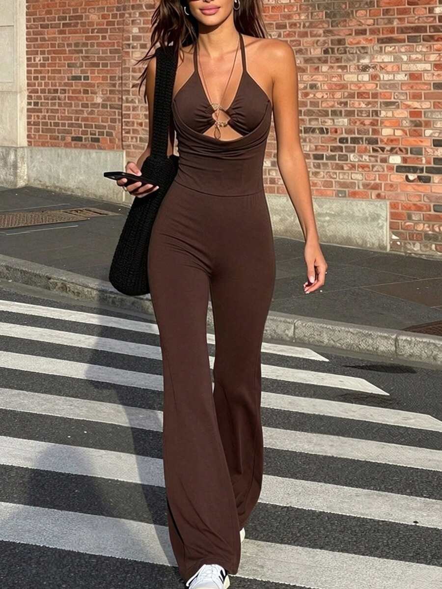 AiTyi 女士无袖连体裤，休闲运动装，露背性感，适合健身瑜伽、夜间外出、毕业季、万圣节、新年、街头时尚，修身时尚，四季皆宜 - 深棕 - 查看 1
