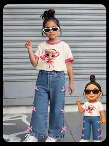 女童撞色袖口短袖上衣和蝴蝶结牛仔裤 - 杏色 - 查看 1