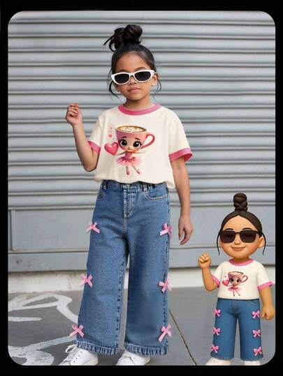 女童撞色袖口短袖上衣和蝴蝶结牛仔裤