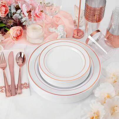 Bộ 50/25/12/2 đĩa đế trắng viền vàng hồng, bao gồm đĩa tráng miệng 7.5"/đĩa ăn tối 10.25", kiểu dáng tối giản, hiện đại, dễ vệ sinh, có thể tái sử dụng, phù hợp cho tiệc sinh nhật, tiệc Valentine, Ramadan, đám cưới, họp mặt gia đình, dã ngoại ngoài trời, cắm trại và nhiều dịp khác.