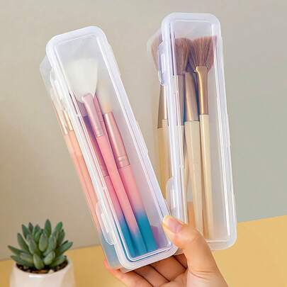 2pcs Transparent Makeup Brush Storage Box, Flip-Top Clear Cosmetic Organizer, Portable Makeup Brush Holder, Suitable For Travel And Home Use, Back To School Essential, Travel Essential, Summer Vacation Essential