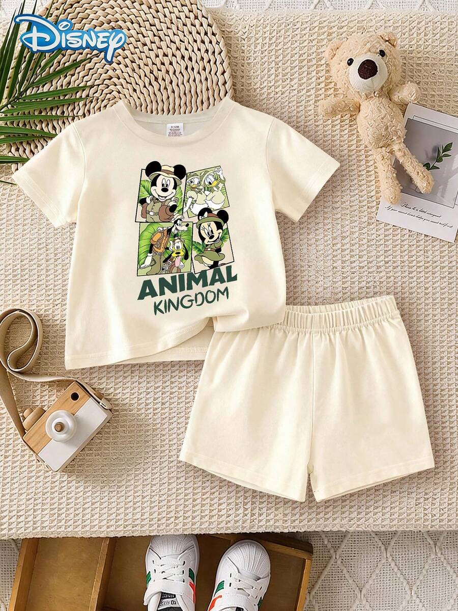 Disney Summer Baby Boy Mickey Mouse & Minnie Mouse Cute Short Sleeve T-Shirt And Shorts Set With High Fly Letter Cartoon Pattern, Stretchy Fabric, Suitable For Newborn Infants Daily Wear - Apricot - View 1
