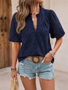 PRETTYGARDEN Women's Summer Clothes Tops Fashion Casual Short Sleeve V Neck Buttons Hollow Eyelet Lace Embroidered Blouses Shirts Festival  Beach Vacation - 藏青色 - 查看 6