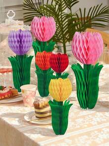 3pcs Tulip Flower Center Decorations, Paper Tulip Honeycomb Decor, Spring Home Decor, Pink & Yellow Flowers, Suitable For Office, Garden Party, Dining Table Center, Mother's Day, Spring Hanging Decor - Multicolor - View 3