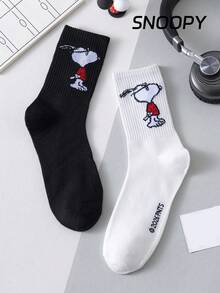 SNOOPY 2/1 paire de chaussettes rondes noires et blanches officielles pour hommes, style d'été. Design de motif de dessin animé mignon, à la mode et respirant. Chaussettes d'été pour hommes, résistantes aux odeurs et absorbantes, polyvalentes et décontractées, convenant aux étudiants, aux adultes, à l'usage quotidien et aux cadeaux - Multicolore - Voir 1