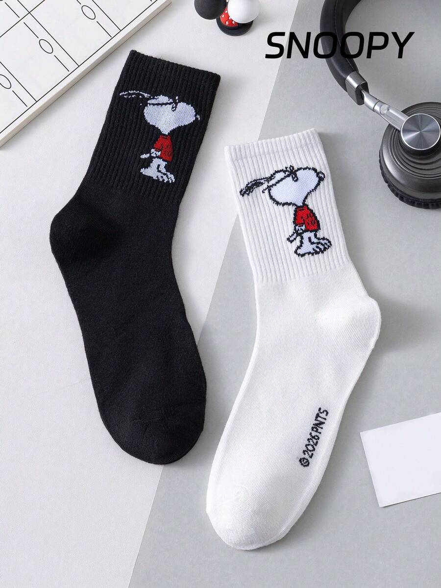 SNOOPY 2/1 paire de chaussettes rondes noires et blanches officielles pour hommes, style d'été. Design de motif de dessin animé mignon, à la mode et respirant. Chaussettes d'été pour hommes, résistantes aux odeurs et absorbantes, polyvalentes et décontractées, convenant aux étudiants, aux adultes, à l'usage quotidien et aux cadeaux - Multicolore - Voir 1