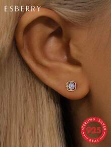 1 Pair S925 Sterling Silver Hollow Clover Moonstone Stud Earrings, Daily Wear & Gift For Women, Exquisite Jewelry Present - Silver - View 1