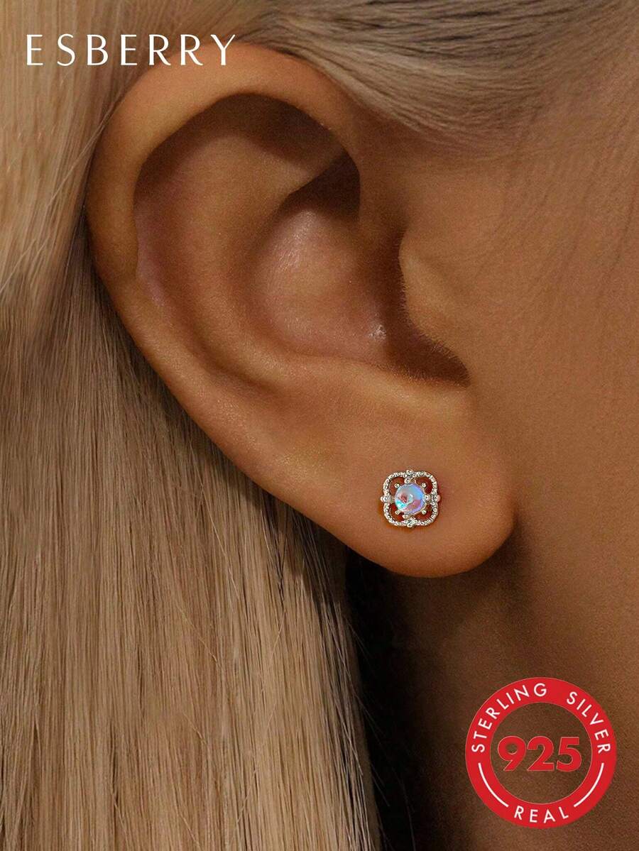 1 Pair S925 Sterling Silver Hollow Clover Moonstone Stud Earrings, Daily Wear & Gift For Women, Exquisite Jewelry Present - Silver - View 1