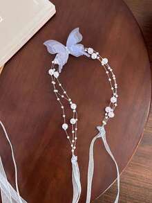 1件奢华优雅时尚白色蝴蝶仿珍珠项链，精致优雅，适合婚礼、日常佩戴、度假等场合。 - 淺藍色 - 查看 4